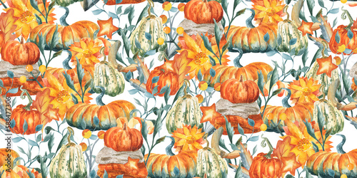 Fall seamless pattern with pumpkins on cream background, Autumn pattern with sunflower, flowers, watercolor wrapping paper, pattern fills, Thanksgiving, web page background.
