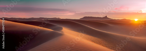 Panorama banner of sand dunes Sahara Desert at sunset. Endless dunes of yellow sand. Desert landscape Waves sand nature 