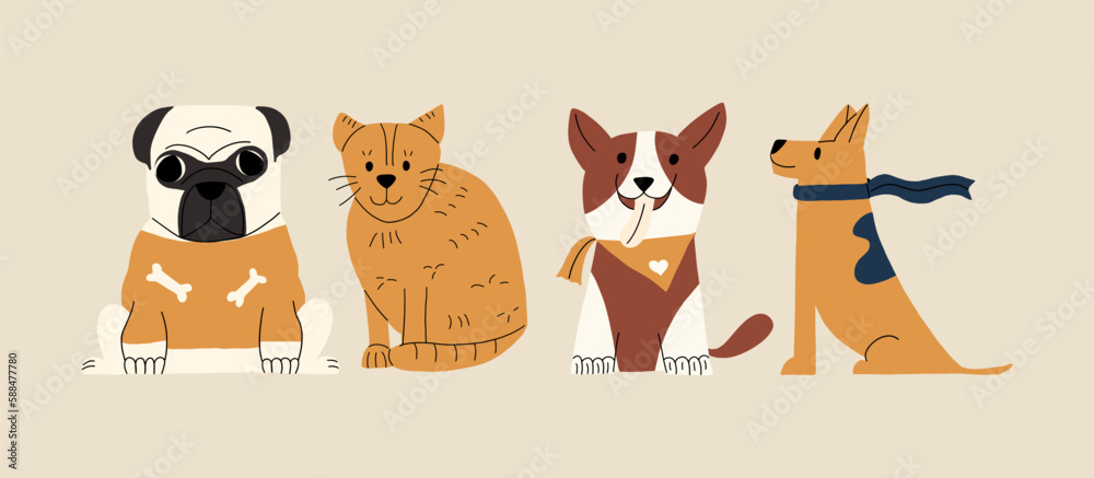 Fototapeta premium Set of different funny animals, cat and dogs. Vector illustration in flat style