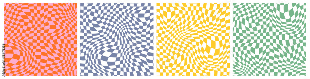 Abstract Groovy Checkerboard Seamless Patterns Set. Y2k Psychedelic Texture with Waves. Distorted Checkered Background Abstract Groovy Checkerboard Seamless Patterns Set. Y2k Psychedelic Texture with Waves. Distorted Checkered Background