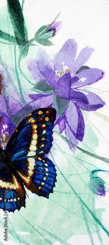 Blue butterfly and a flower closeup, watercolor on white background.