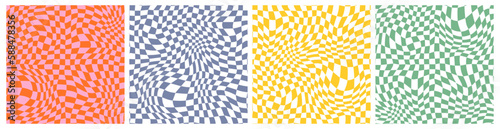 Abstract Groovy Checkerboard Seamless Patterns Set. Y2k Psychedelic Texture with Waves. Distorted Checkered Background