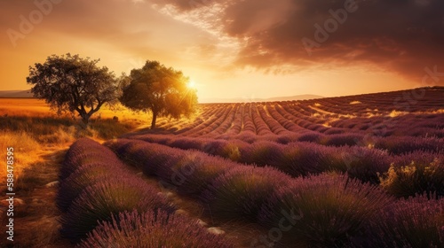 Stunning landscape with lavender field. Generative AI