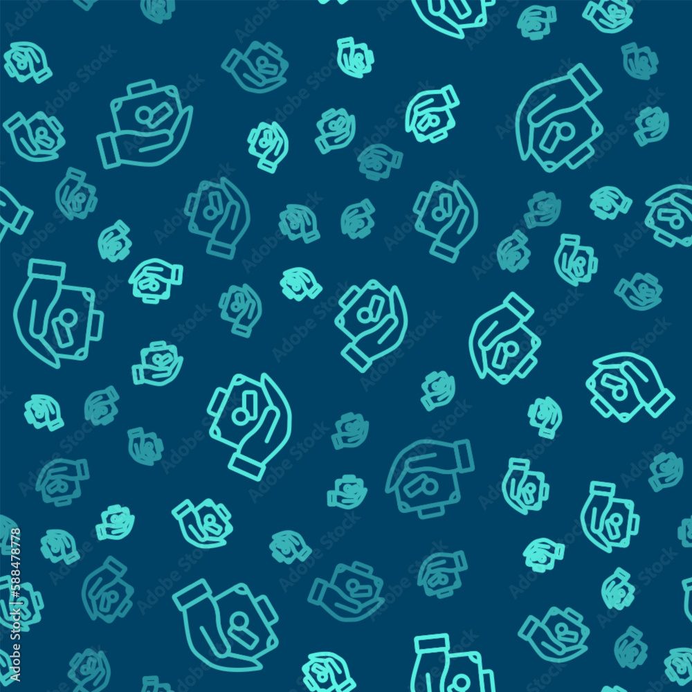 Green line Travel suitcase in hand icon isolated seamless pattern on blue background. Traveling baggage insurance. Security, safety, protection, protect concept. Vector Green line Travel suitcase in hand icon isolated seamless pattern on blue background. Traveling baggage insurance. Security, safety, protection, protect concept. Vector