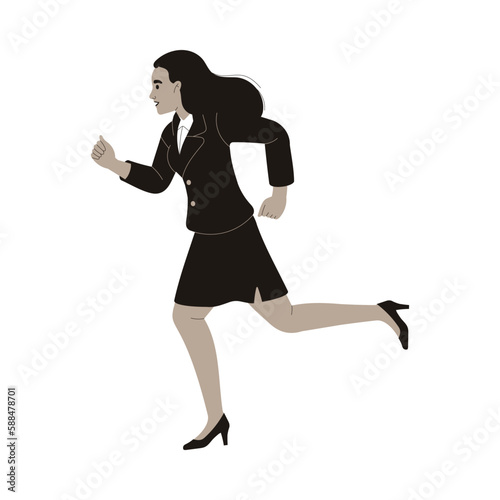 Woman Office Employee in Black Suit Escaping from Paperwork Vector Illustration