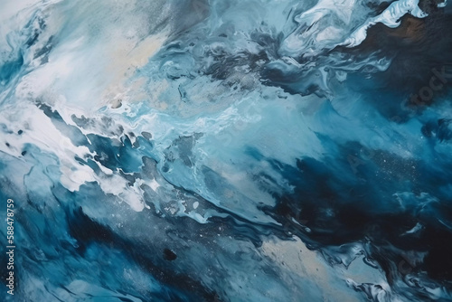 Abstract painting of a sea waves. Acrylic paint texture with long brush strokes. Acrylic paint background. White and blue paint. Close up of a painting. Created using generative AI. © mgorak
