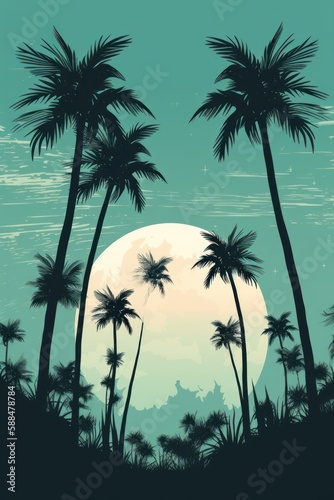 Tropical sunset with palm trees in shades of emerald color