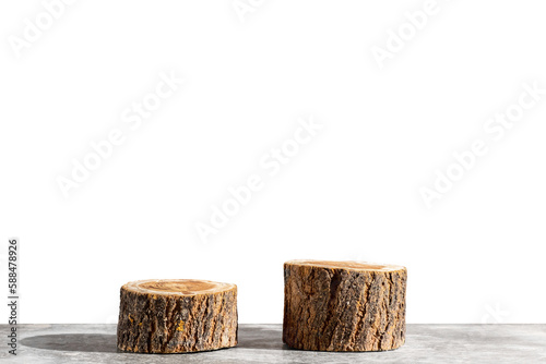 Two wooden round saw cuts on a transparent background. Natural podiums for advertising cosmetic products and body care. Copy space.