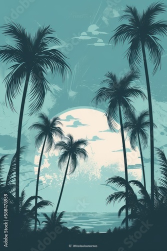 Tropical sunset with palm trees in shades of emerald color © Enea