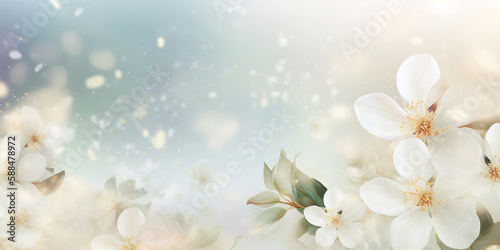 Floral feminine banner with jasmine flowers and bokeh glow. Generative AI. 