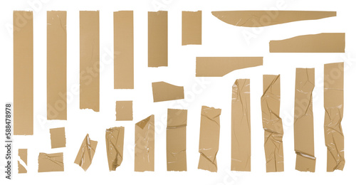 Brown adhesive tape, different torn pieces set photo