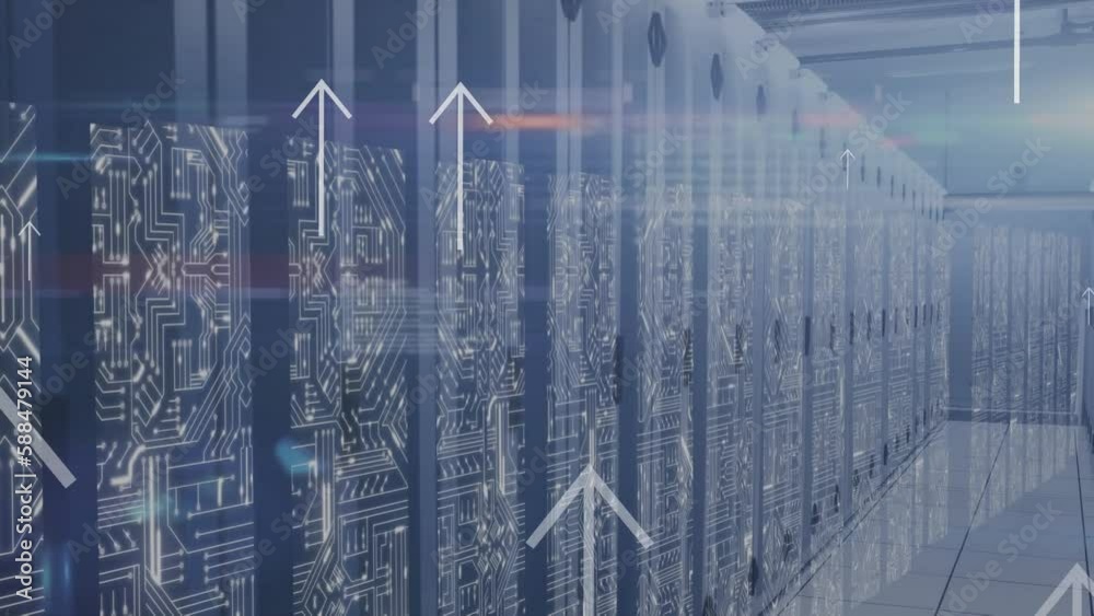 Animation of up arrows over circuit board patterns against server room in background Animation of up arrows over circuit board patterns against server room in background