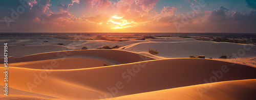 Panorama banner of Captivating Sahara Desert panorama at sunset, showcasing undulating sand dunes bathed in golden hues, perfect for travel, nature, and adventure themes 