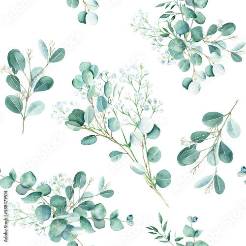 Seamless watercolor pattern with eucalyptus and gypsophila branches on white background. Can be used for wedding prints  gift wrapping paper  kitchen textile and fabric prints.