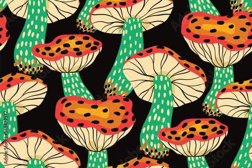 Seamless pattern, cool hand drawn print with trippy amanita mushrooms on a black background. Artistic surface design with a pattern of poisonous mushrooms - fantastic fly agaric. Vector illustration.
