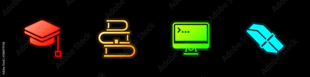 Set Graduation cap, Book, Computer monitor and Eraser rubber icon. Vector Set Graduation cap, Book, Computer monitor and Eraser rubber icon. Vector