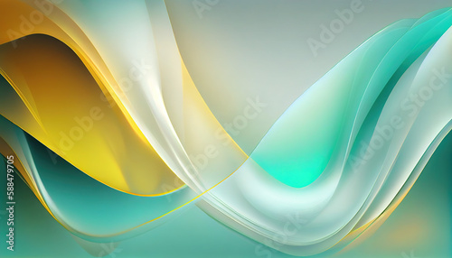 Abstract Shiny neon glass translucent wavy composition with gradient transition, blue aqua yellow white elegant clean background - generative AI.