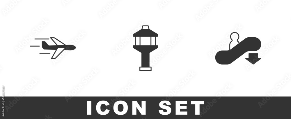 Set Plane, Airport control tower and Escalator down icon. Vector