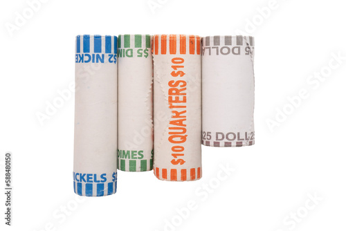 Side view of US coins in roll wrappers isolated on a white background photo