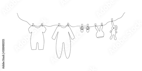 Cute kids clothing hanging on a rope drawn in one line. Sketch. Continuous line drawing baby things. Hand drawn vector illustration in minimalist style. 