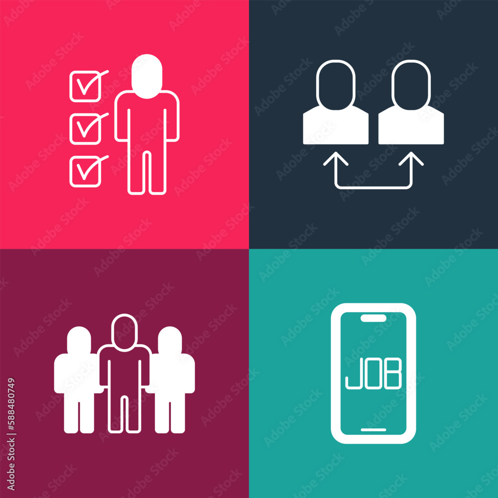 Set pop art Search job, Project team base, Exchange work and Resume icon. Vector