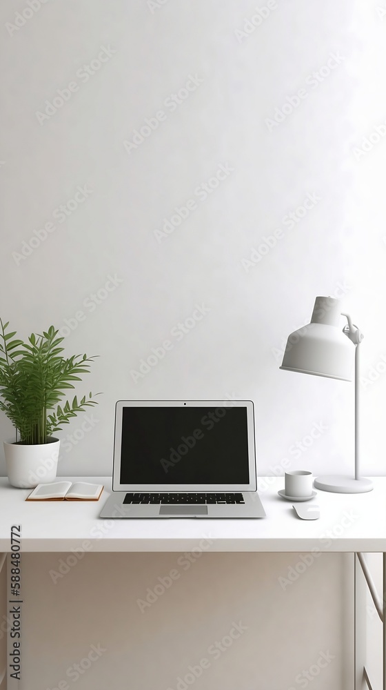 Fototapeta premium Laptop computer with empty blank mockup screen over white modern living room design. Home office, workplace, working or studying from home, distance learning, business concept. AI