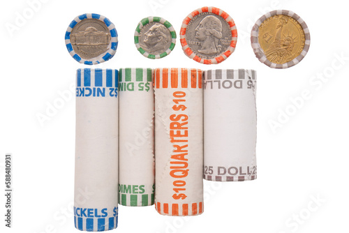 Side and top views of US coins in roll wrappers isolated on a white background photo