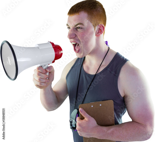 Fototapeta Naklejka Na Ścianę i Meble -  Angry personal trainer yelling through megaphone 