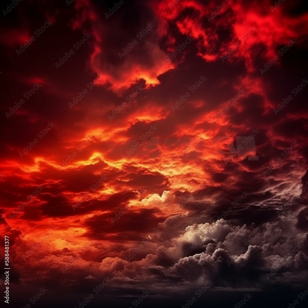 Abstract dark red background. Dramatic red sky. Red sunset with clouds. Fantastic sunset background with copy space for design. Halloween, armageddon, ... Generative AI