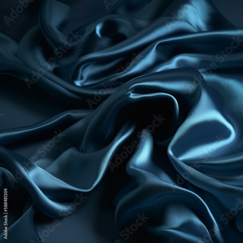 Beautiful dark blue silk satin background. Soft folds on shiny fabric. Luxury background with space for design. Web banner. Flat lay, Table top view. Christmas, Valentine's ... Generative AI