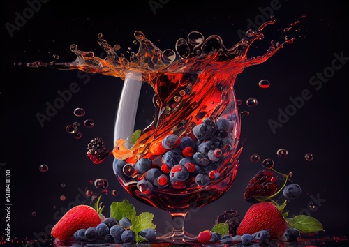 Pouring Wine into Glass, Wineglass Motion, Red Drink Splashing, Abstract Generative AI Illustration