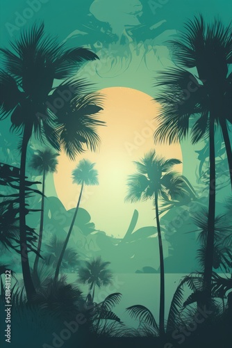 Tropical sunset with trees in persian green shades