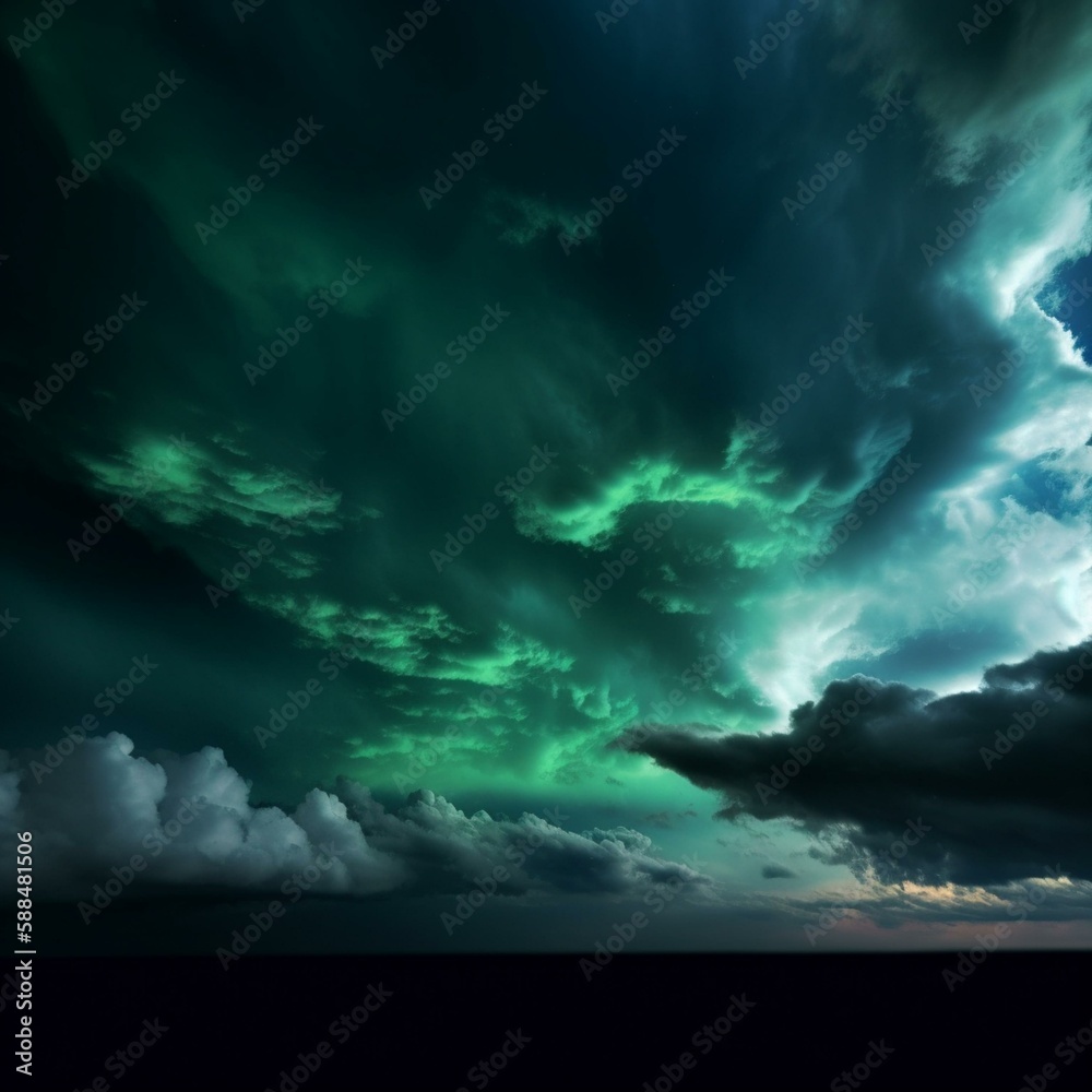 Black green blue night sky with clouds. Dark dramatic skies background for design. Cloudy, rainy, windy, stormy weather. Or a frightening, spooky, creepy, nightmare concept. Generative AI