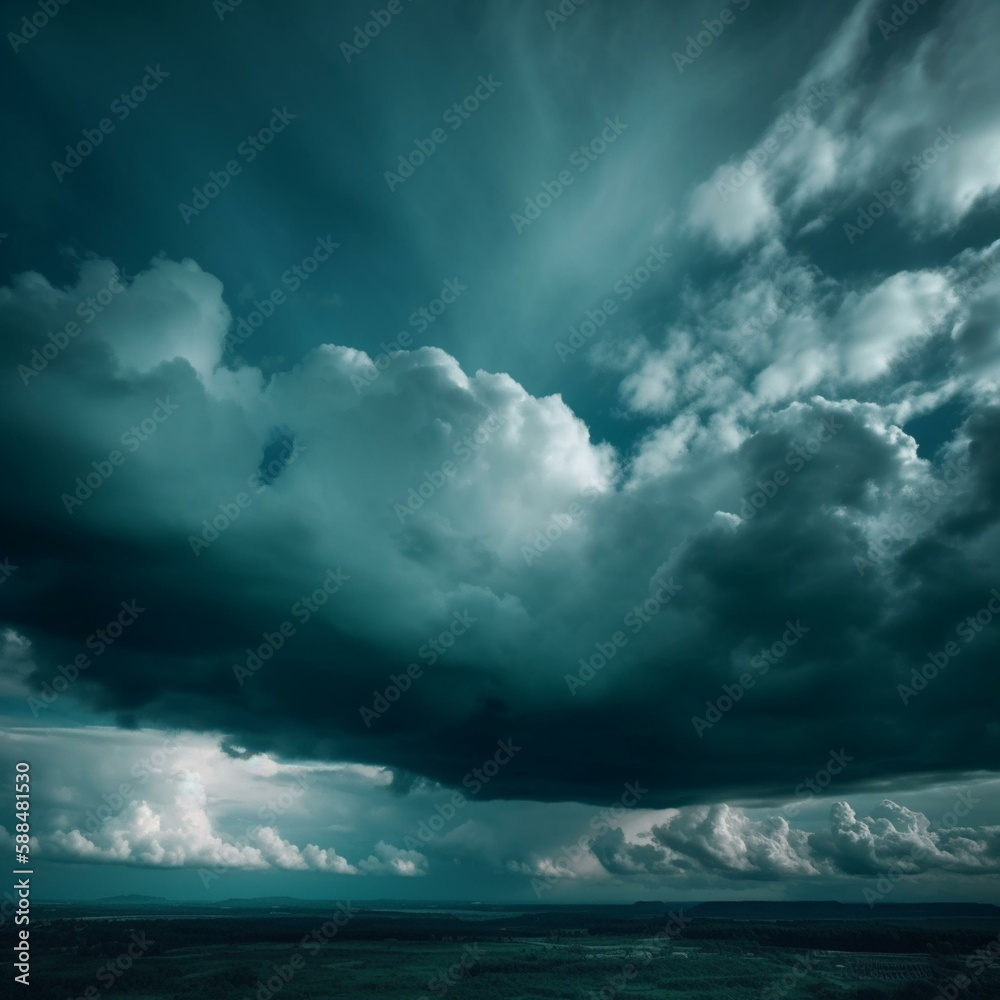 Fototapeta premium Dark teal cloudy sky. Night skies with clouds. Gloomy sky background for design. Dramatic ominous thunderstorm. Cloudscape. Generative AI