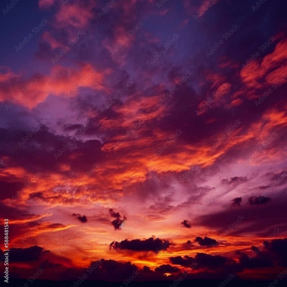 Fototapeta premium Orange red sunset. Dark violet blue evening sky with clouds. Background for design. Dramatic skies. Generative AI