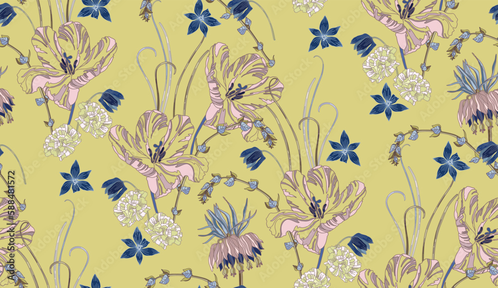Flowers and leaves in vintage style, seamless pattern.	
