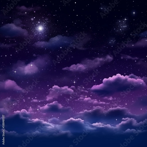 Purple night sky with fluffy clouds and stars. Fantastic sky background for design. Generative AI © Julia