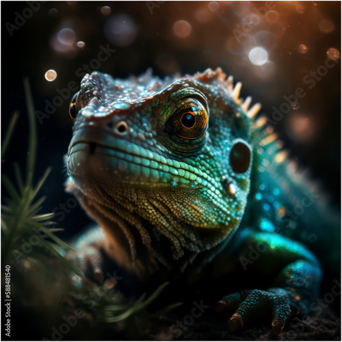 Cartoon Close up Portrait of a Cute Funny Baby Green Iguana Closeup on a Colored Background Illustration Avatar for ui ux - Post-processed Generative AI