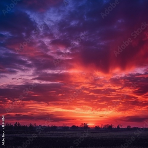 Orange red sunset. Dark violet blue evening sky with clouds. Background for design. Dramatic skies. Generative AI