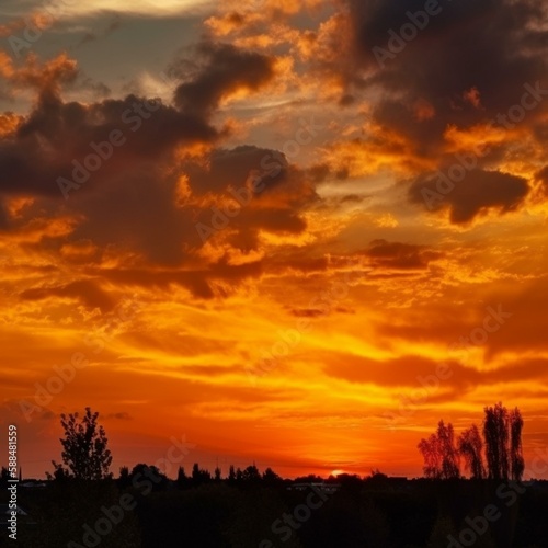 Yellow orange sunset view. Beautiful evening sky with clouds. Colorful background with space for design. Generative AI © Julia