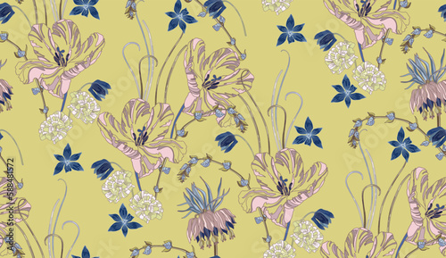 Flowers and leaves in vintage style, seamless pattern. 