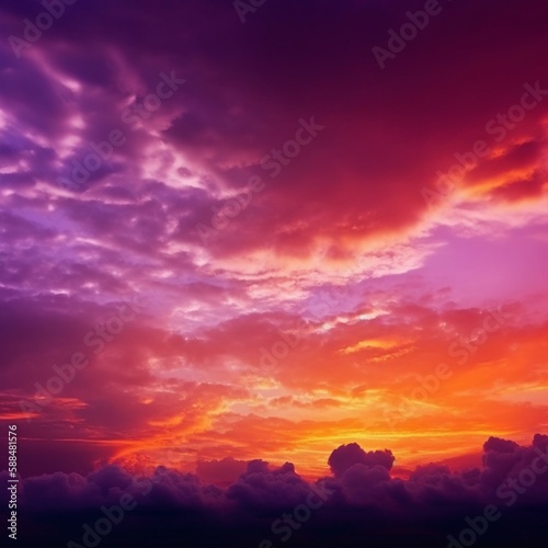 Yellow orange pink purple sunset. Beautiful evening sky with clouds. Background with space for design. Bright. Colorful. Fantastic. Generative AI