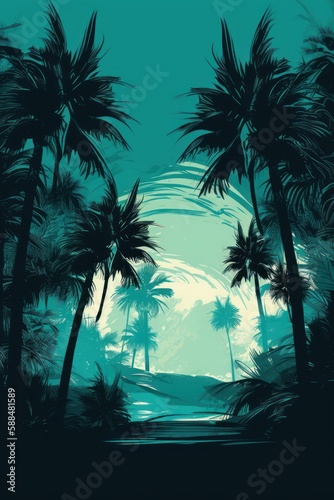 Tropical sunset with trees in persian green shades