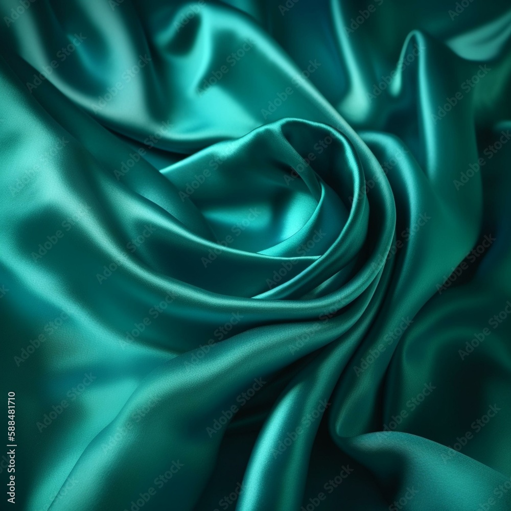 Blue green silk satin. Soft, wavy folds. Shiny fabric surface. Luxurious emerald green background with copy space for design. Web banner. Birthday, Christmas, Xmas, Valentine, holi Generative AI Blue green silk satin. Soft, wavy folds. Shiny fabric surface. Luxurious emerald green background with copy space for design. Web banner. Birthday, Christmas, Xmas, Valentine, holi Generative AI