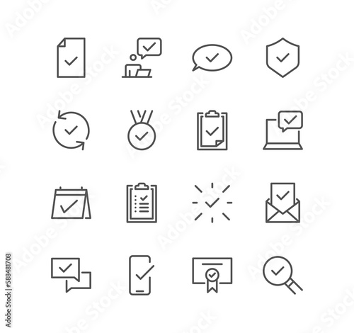 Set of approve related icons, inspector, check, list, confirm and linear variety symbols. 