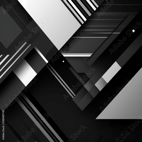 Modern black white abstract background. Minimal. Gradient. Dark grey banner with geometric shapes, lines, stripes, triangles. Design. Futuristic. Cut paper or metal effect. Origami Generative AI