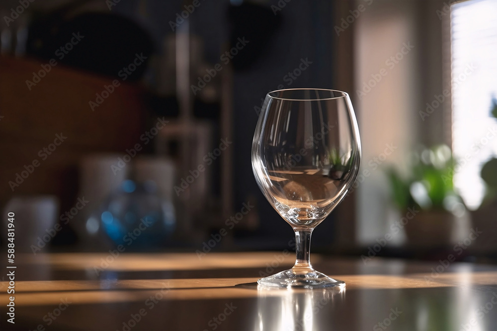 Single empty wine glass on kitchen counter. Generative AI illustration