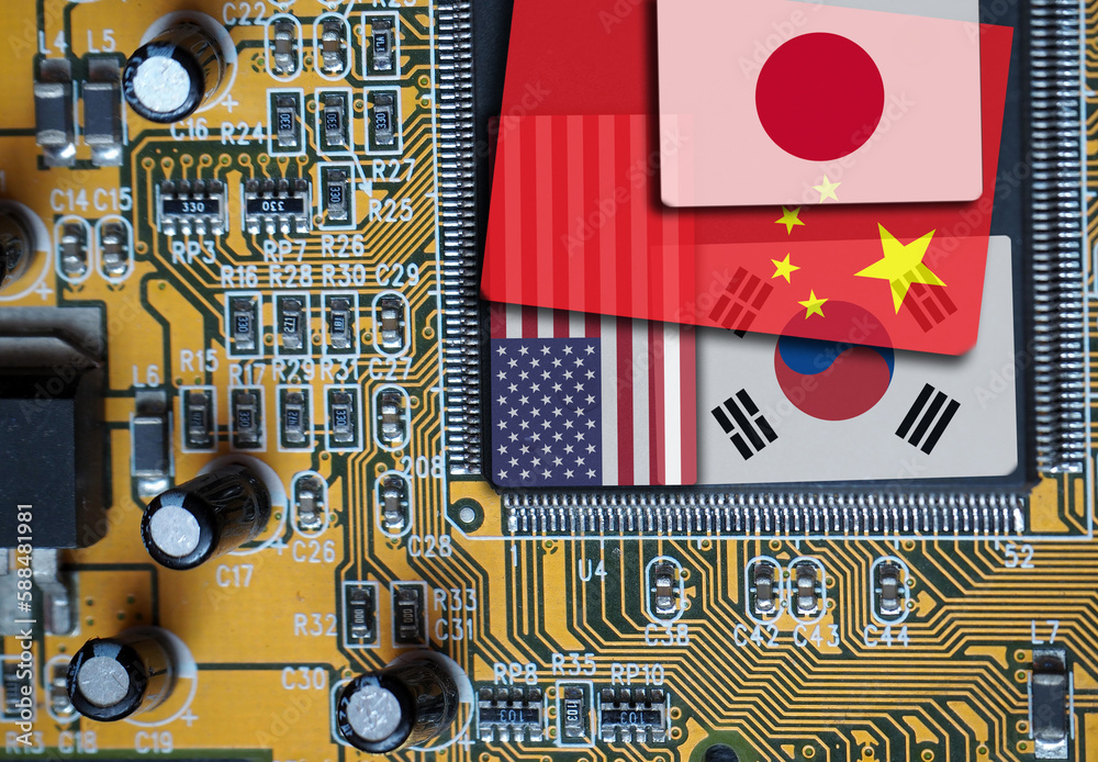 Semiconductor chip, processor and CPU producer countries of the World. Flags of Japan, China