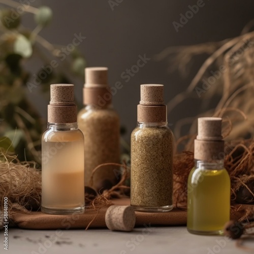 Unlabelled cosmetic bottles on natural beige background, natural moss over branches, bark. Skin care, organic body treatment, spa concept. Vegan eco friendly cosmetology product. O Generative AI