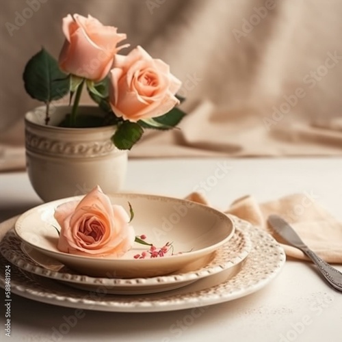 Beautiful romantic table setting on beige background. Romantic dinner. Valentine's Day Generative AI